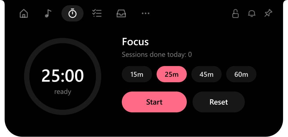 Focus timer set to 25 minutes