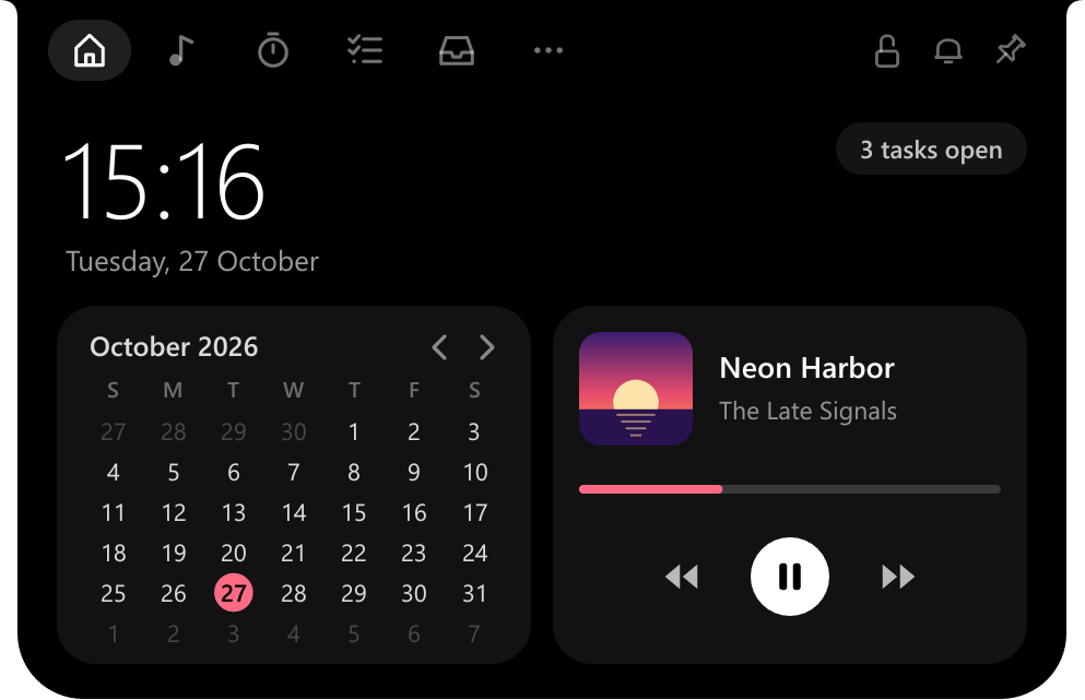 Home: clock, calendar and the song playing