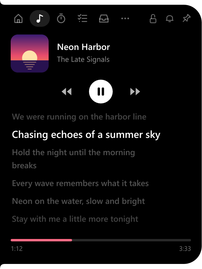 The island standing on the left edge, showing music and lyrics