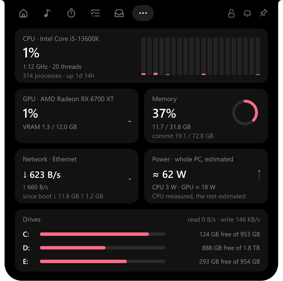 System page with CPU, GPU, memory, network, power and drives